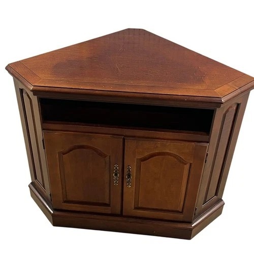 Used Corner TV Stand Cabinet Brown Storage Console for sale on AptDeco