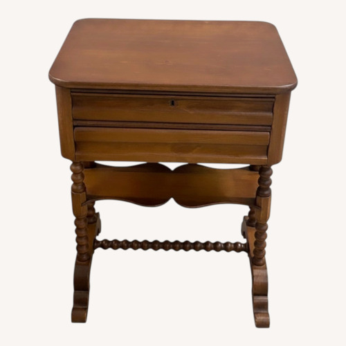 Used Wood Sewing Work Table 2 Drawers Key Turned Legs for sale on AptDeco