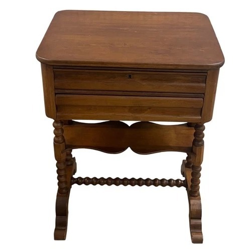 Used Wood Sewing Work Table 2 Drawers Key Turned Legs for sale on AptDeco