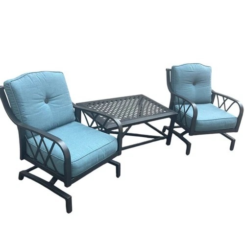 Used 3 Piece Patio Set Blue Sunbrella Cushions Table for sale on AptDeco