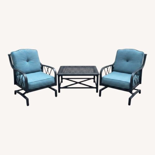 Used 3 Piece Patio Set Blue Sunbrella Cushions Table for sale on AptDeco