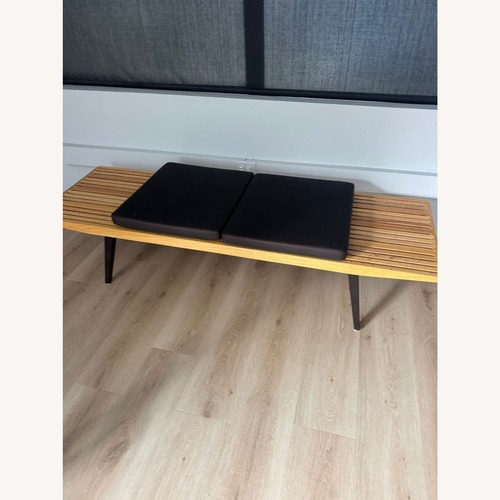 Used Mid-Century Slatted Wood Bench with Cushions	 for sale on AptDeco