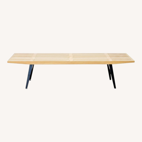Used Mid-Century Slatted Wood Bench with Cushions	 for sale on AptDeco