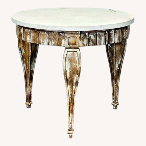 Used Faux Stone Top End Table on Distressed Wood Base for sale on AptDeco