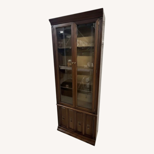 Used Vintage Glass Door Display Curio Cabinet Brown for sale on AptDeco