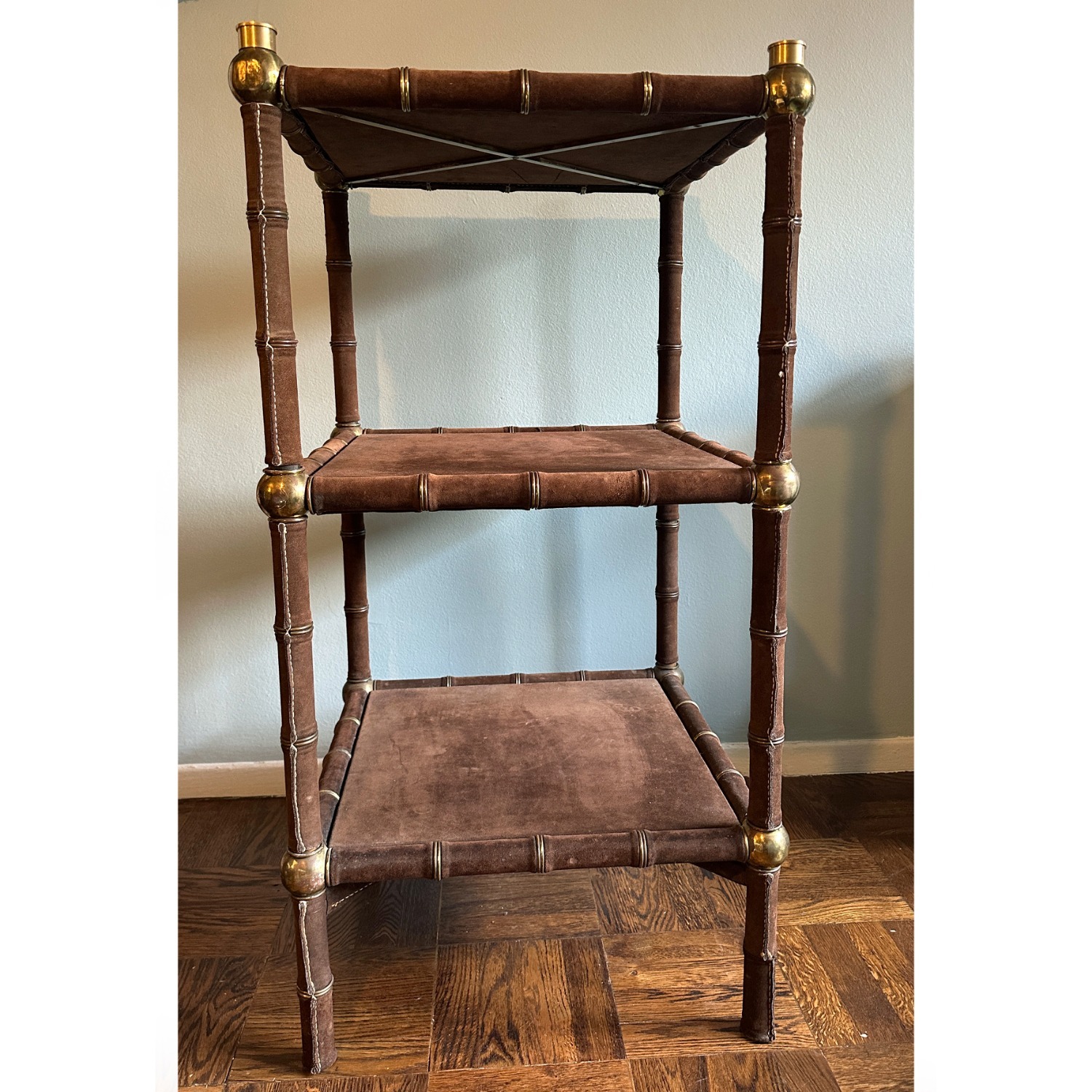 Vintage Brown Suede and Brass Etagere c. 1970s - image-8