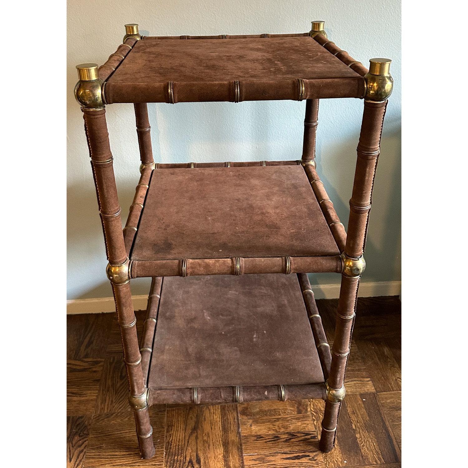 Vintage Brown Suede and Brass Etagere c. 1970s - image-5
