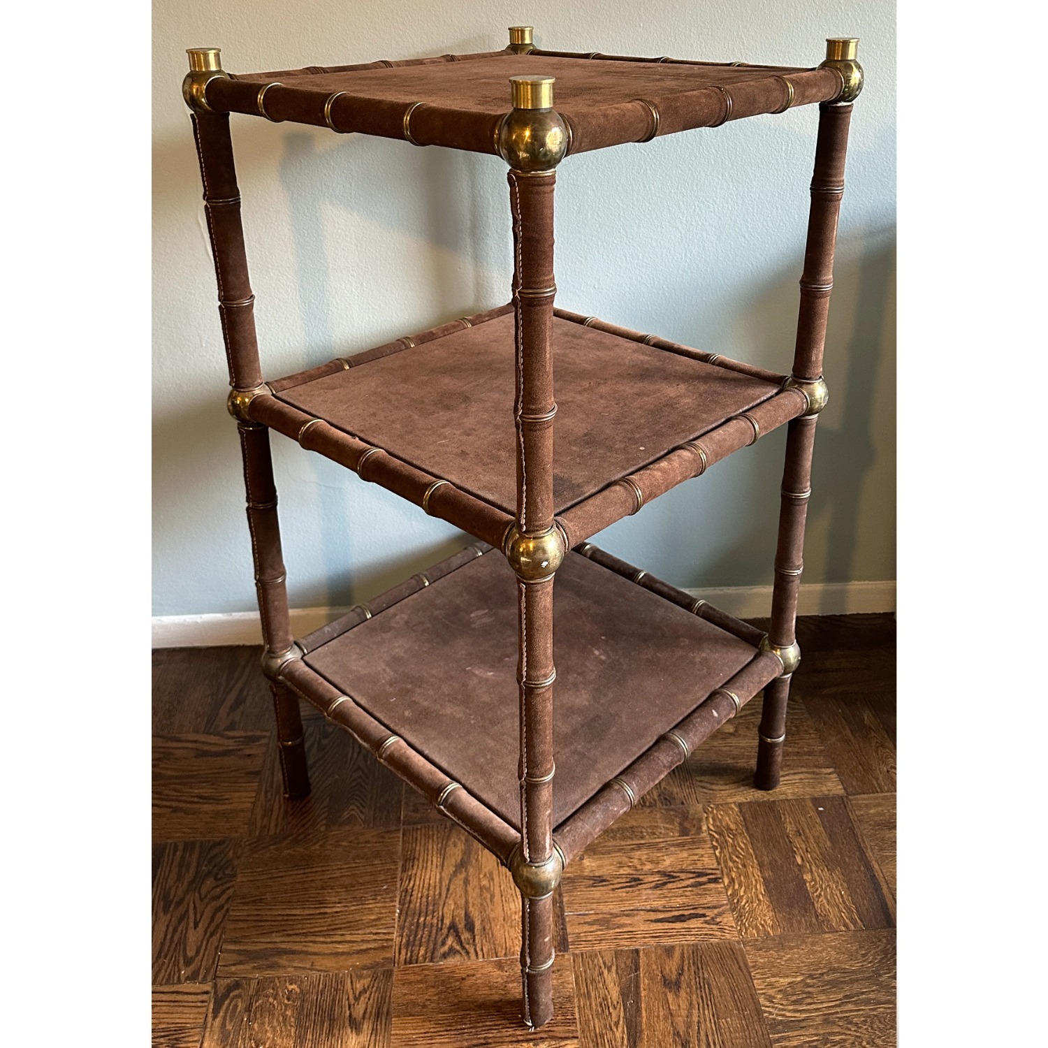 Vintage Brown Suede and Brass Etagere c. 1970s - image-6