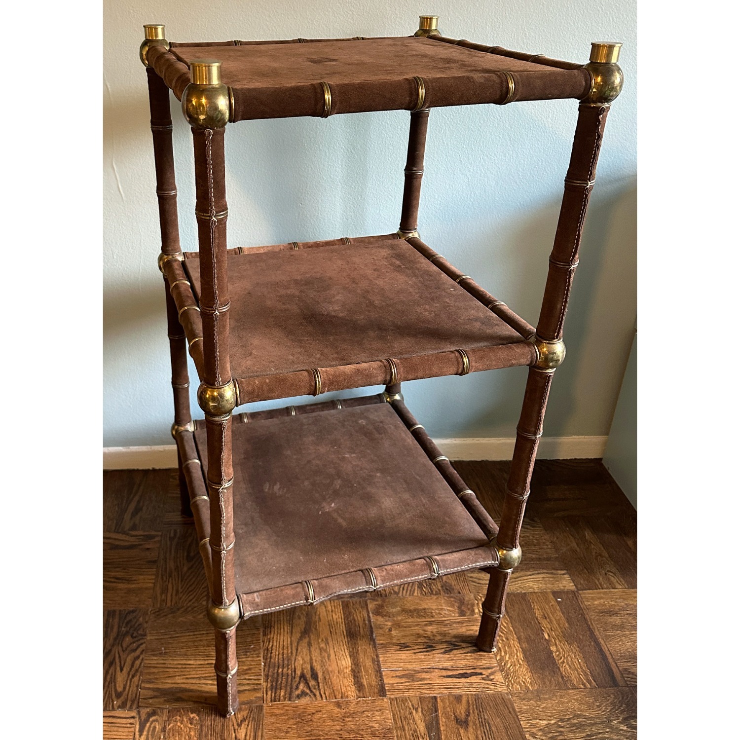 Vintage Brown Suede and Brass Etagere c. 1970s - image-3