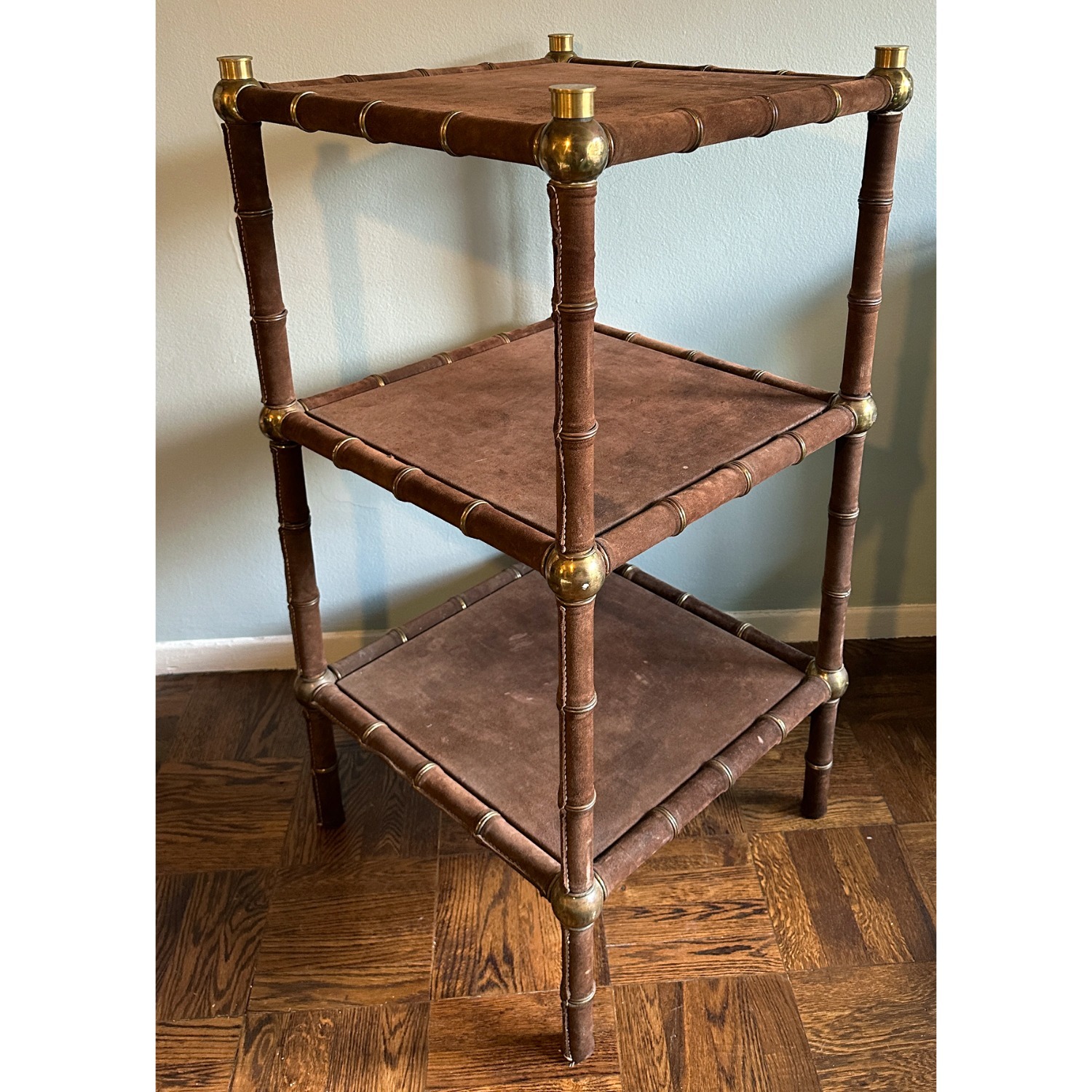 Vintage Brown Suede and Brass Etagere c. 1970s - image-4