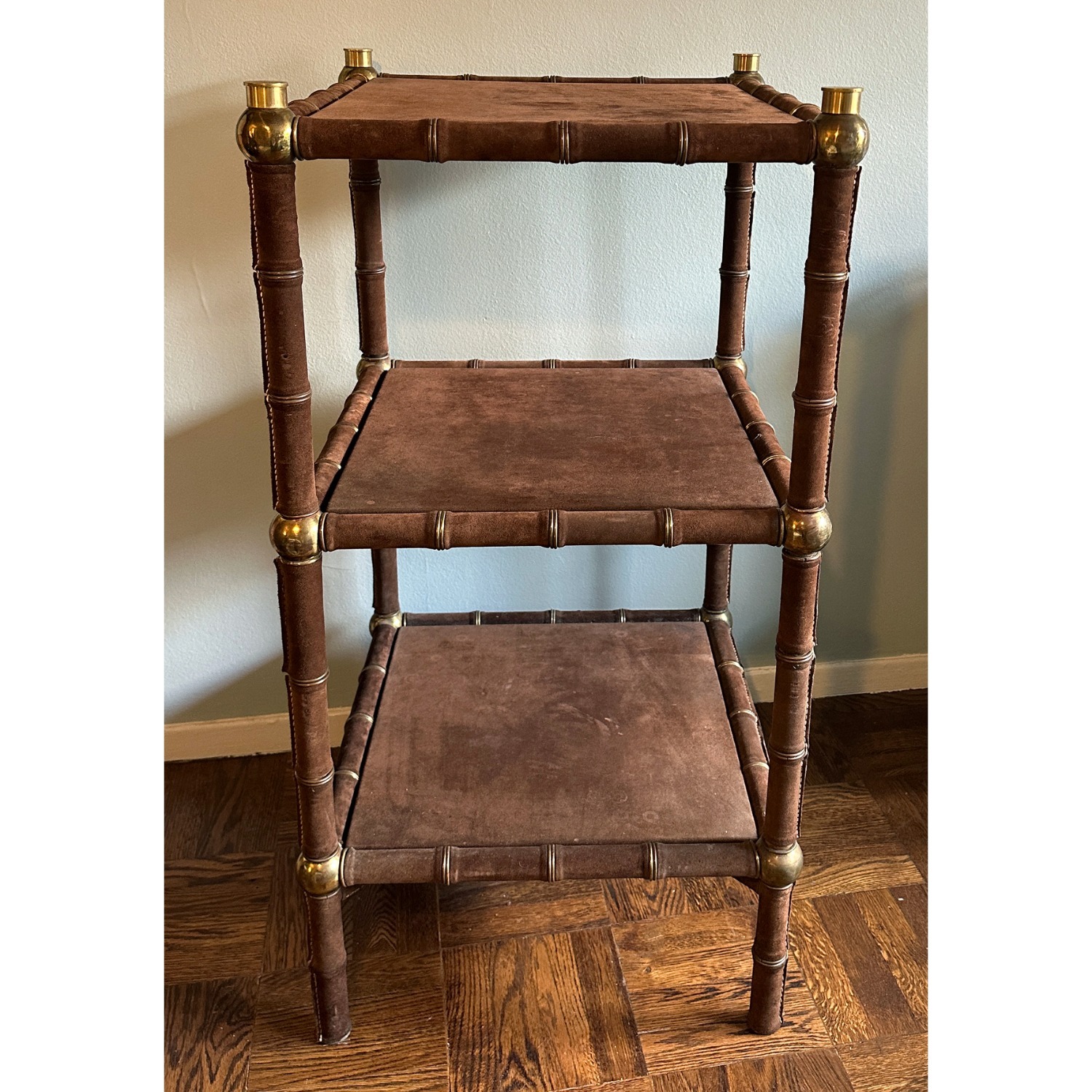 Vintage Brown Suede and Brass Etagere c. 1970s - image-2