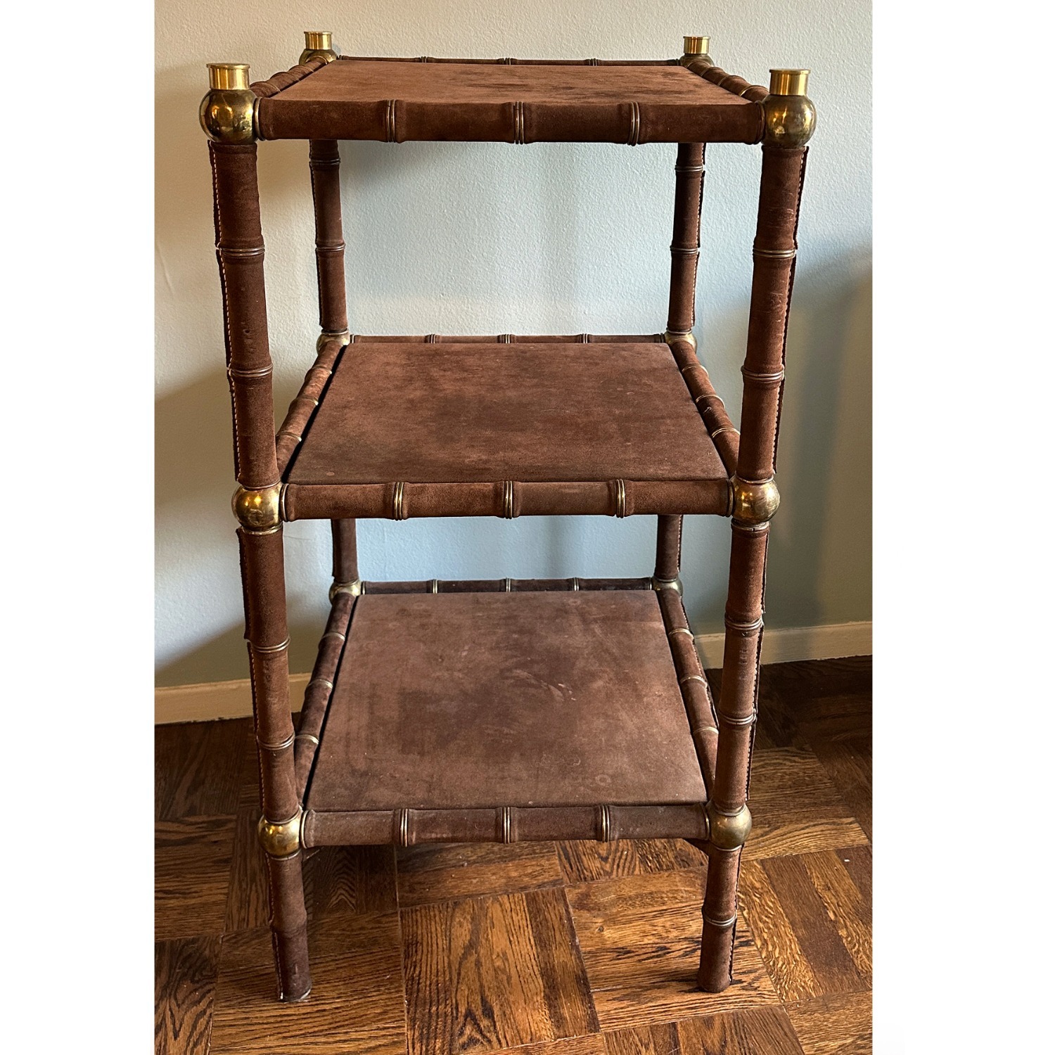 Vintage Brown Suede and Brass Etagere c. 1970s - image-9