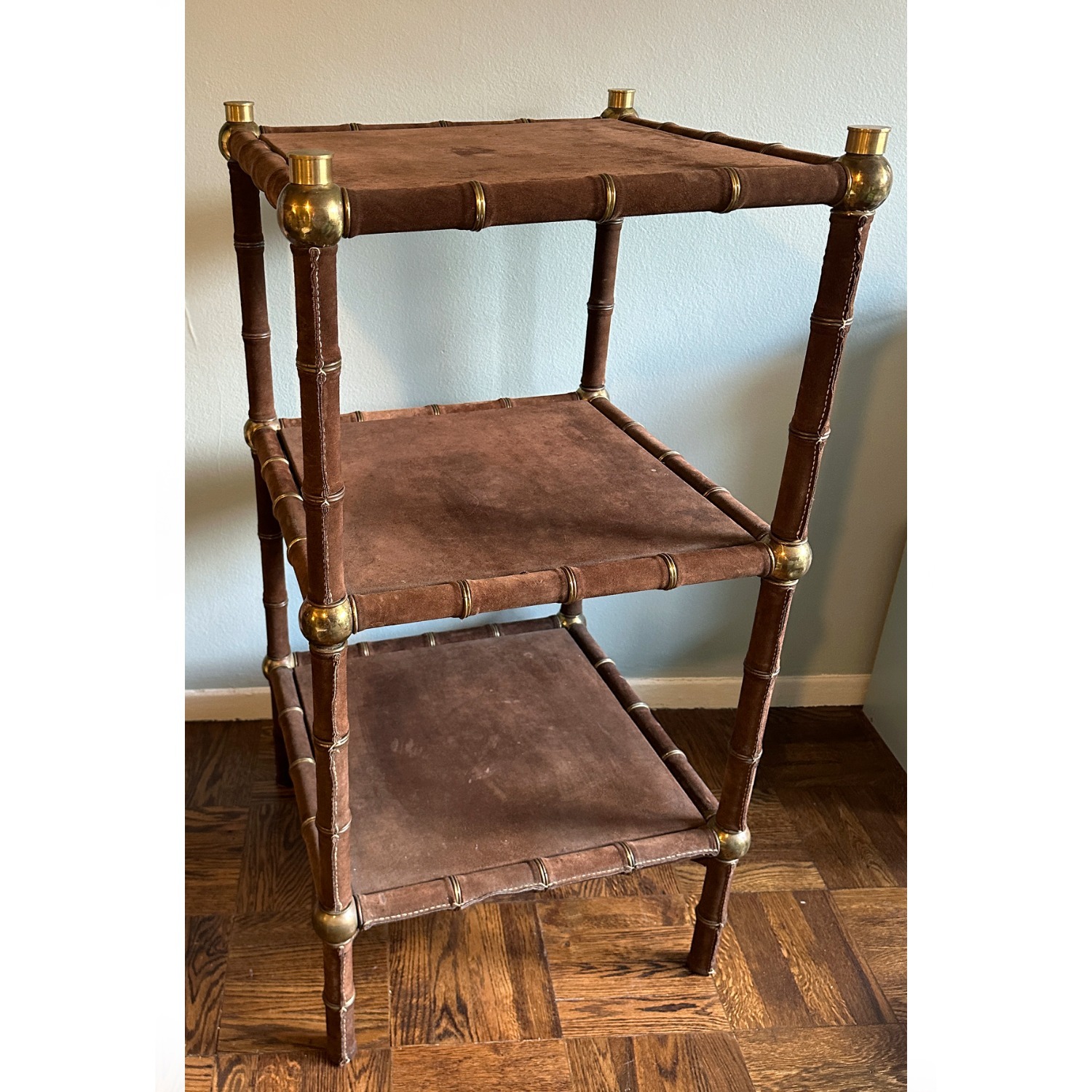 Vintage Brown Suede and Brass Etagere c. 1970s - image-7