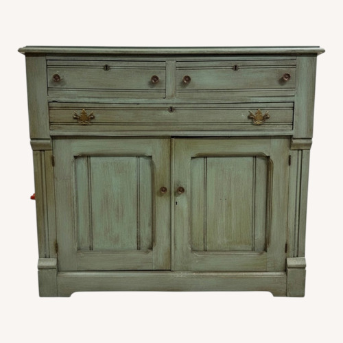 Used Green Distressed Buffet Cabinet Glass Top for sale on AptDeco