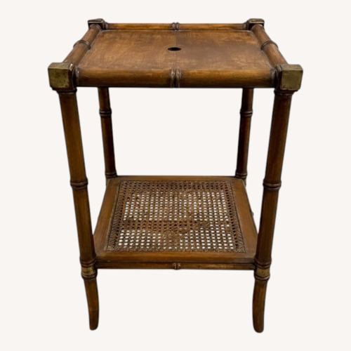 Used Vintage Wood End Table Cane Shelf Brass Corners for sale on AptDeco
