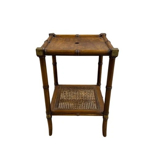 Used Vintage Wood End Table Cane Shelf Brass Corners for sale on AptDeco