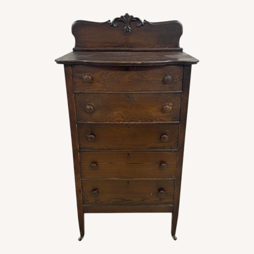 Used Antique Oak 5 Drawer Chest Carved Backsplash for sale on AptDeco