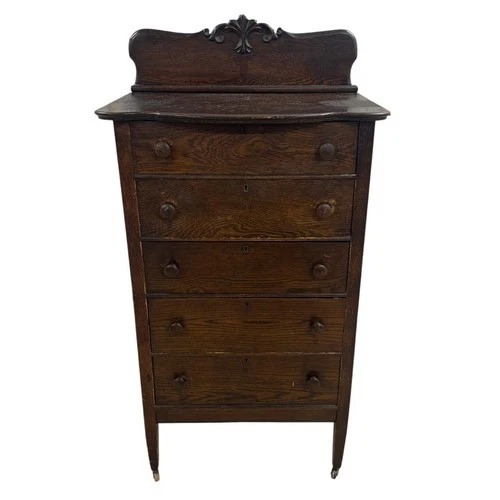 Used Antique Oak 5 Drawer Chest Carved Backsplash for sale on AptDeco