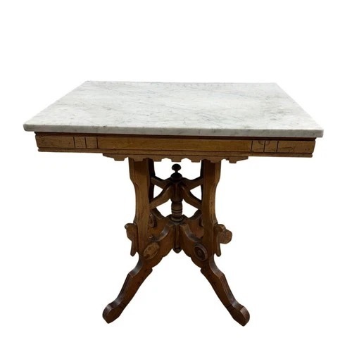 Used Eastlake Marble Top Side Table Carved Wood Base for sale on AptDeco