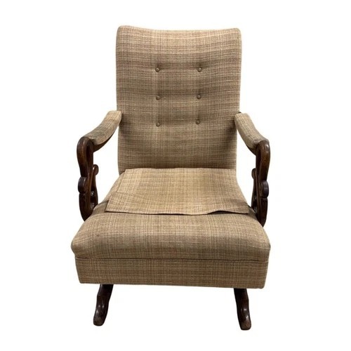 Used Vintage Upholstered Lounge Chair Wood Scroll Arms for sale on AptDeco