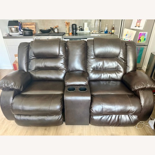 Used Dark Brown Faux Leather Reclining Loveseat Set for sale on AptDeco