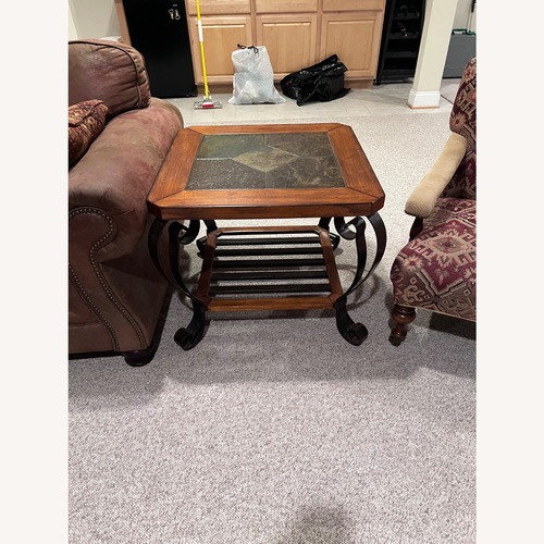 Used Dark Brown Wood and Stone Coffee Table Set for sale on AptDeco