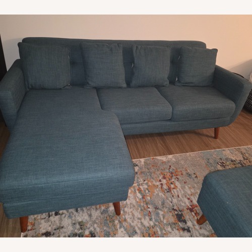 Used Bob's Discount Teal Sofa & Chair w Storage Ottoman for sale on AptDeco