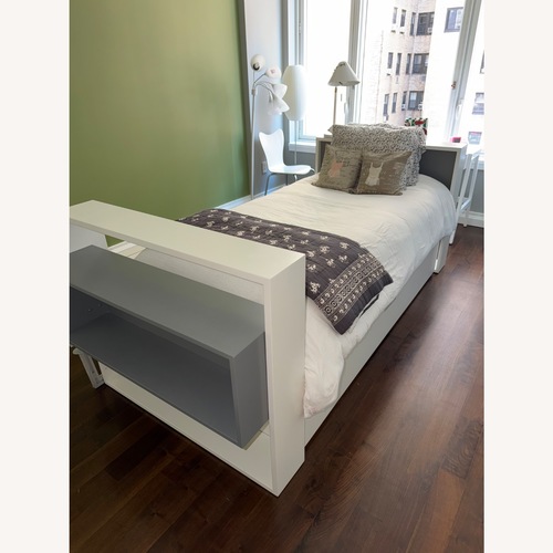 Used Modern White and Gray Twin Bed Frame with Trundle for sale on AptDeco