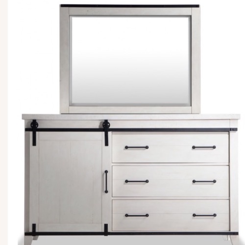 Used Bob's Discount Furniture Montana White 5 Drawer Dresser & Mirror for sale on AptDeco