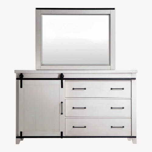 Used Bob's Discount Furniture Montana White 5 Drawer Dresser & Mirror for sale on AptDeco