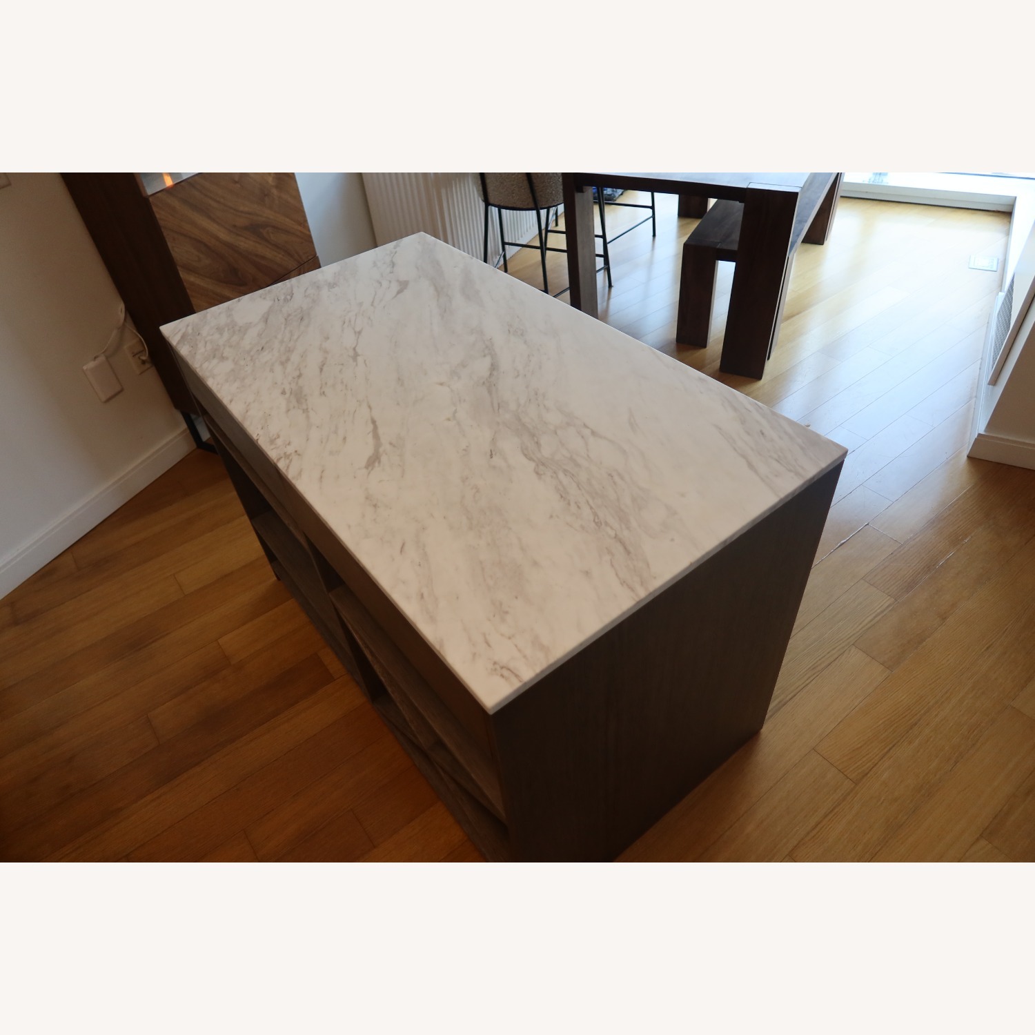 CB2 White Marble Top Island Grey Wood Kitchen Island - image-7