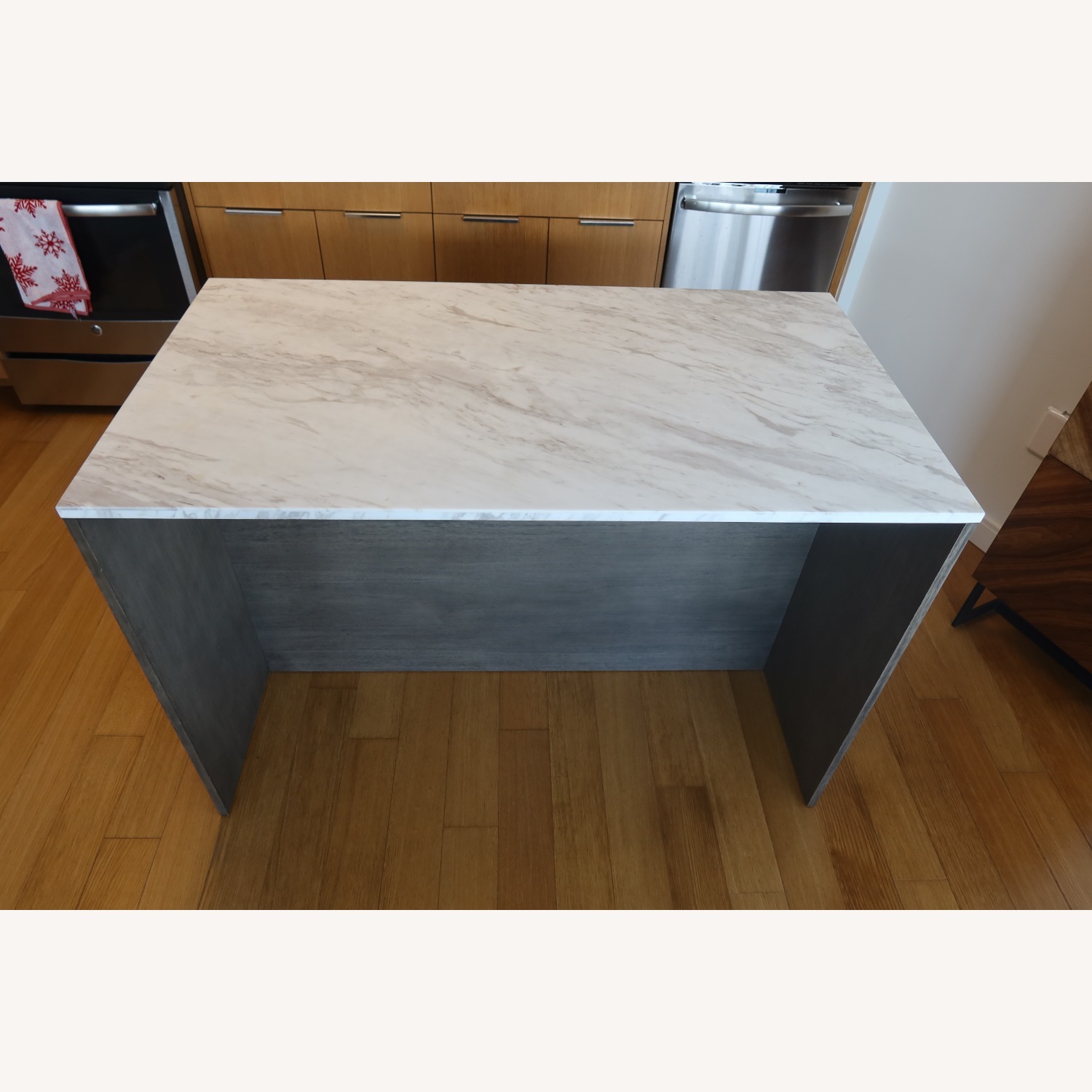 CB2 White Marble Top Island Grey Wood Kitchen Island - image-6