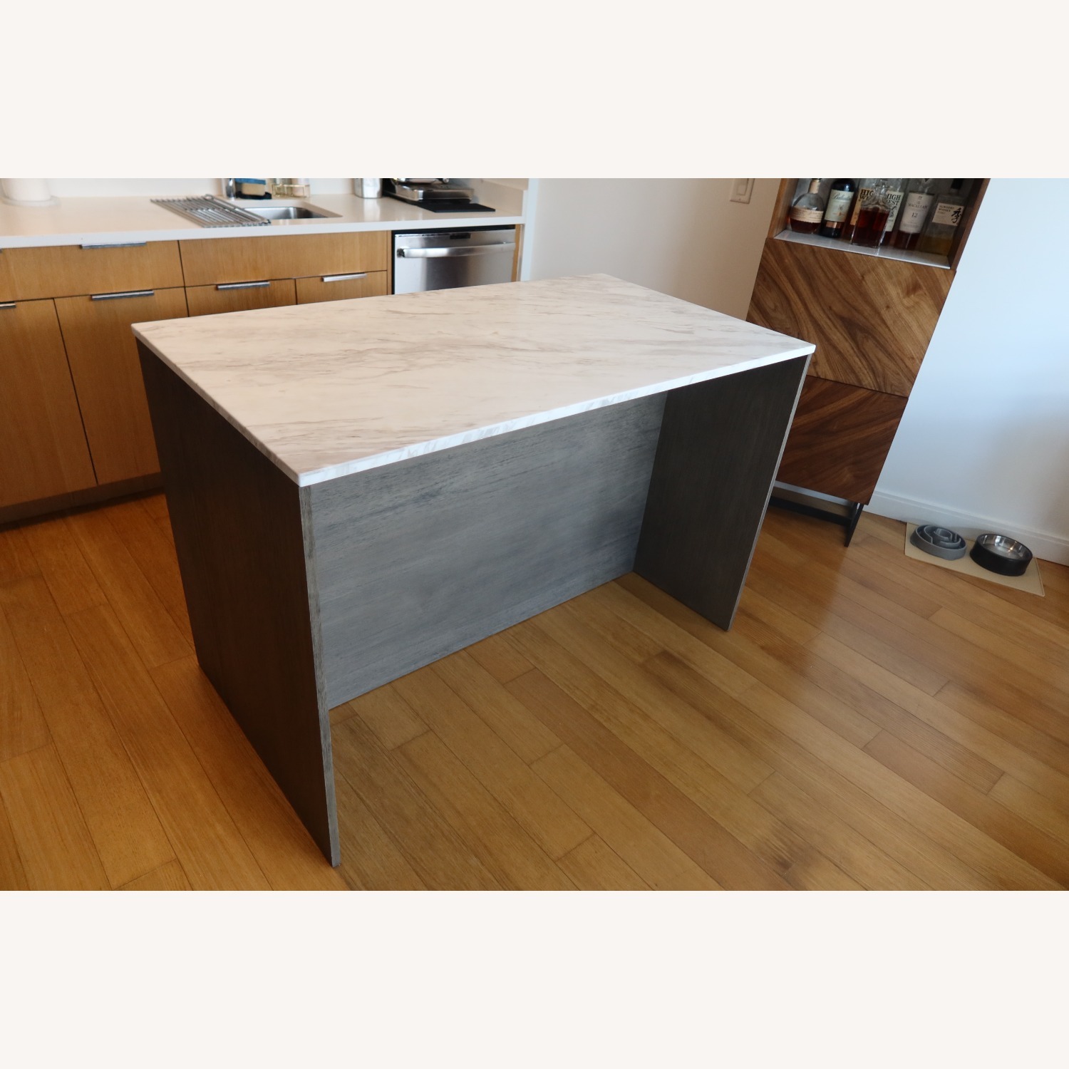 CB2 White Marble Top Island Grey Wood Kitchen Island - image-4