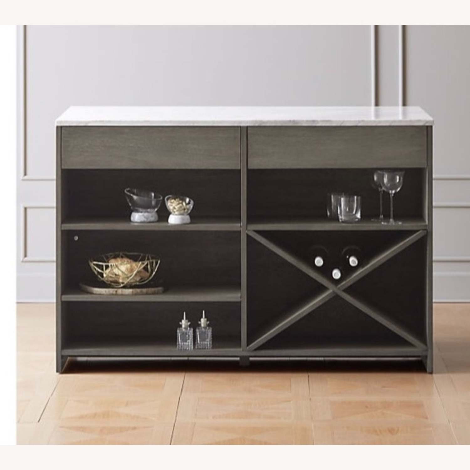 CB2 White Marble Top Island Grey Wood Kitchen Island - image-9