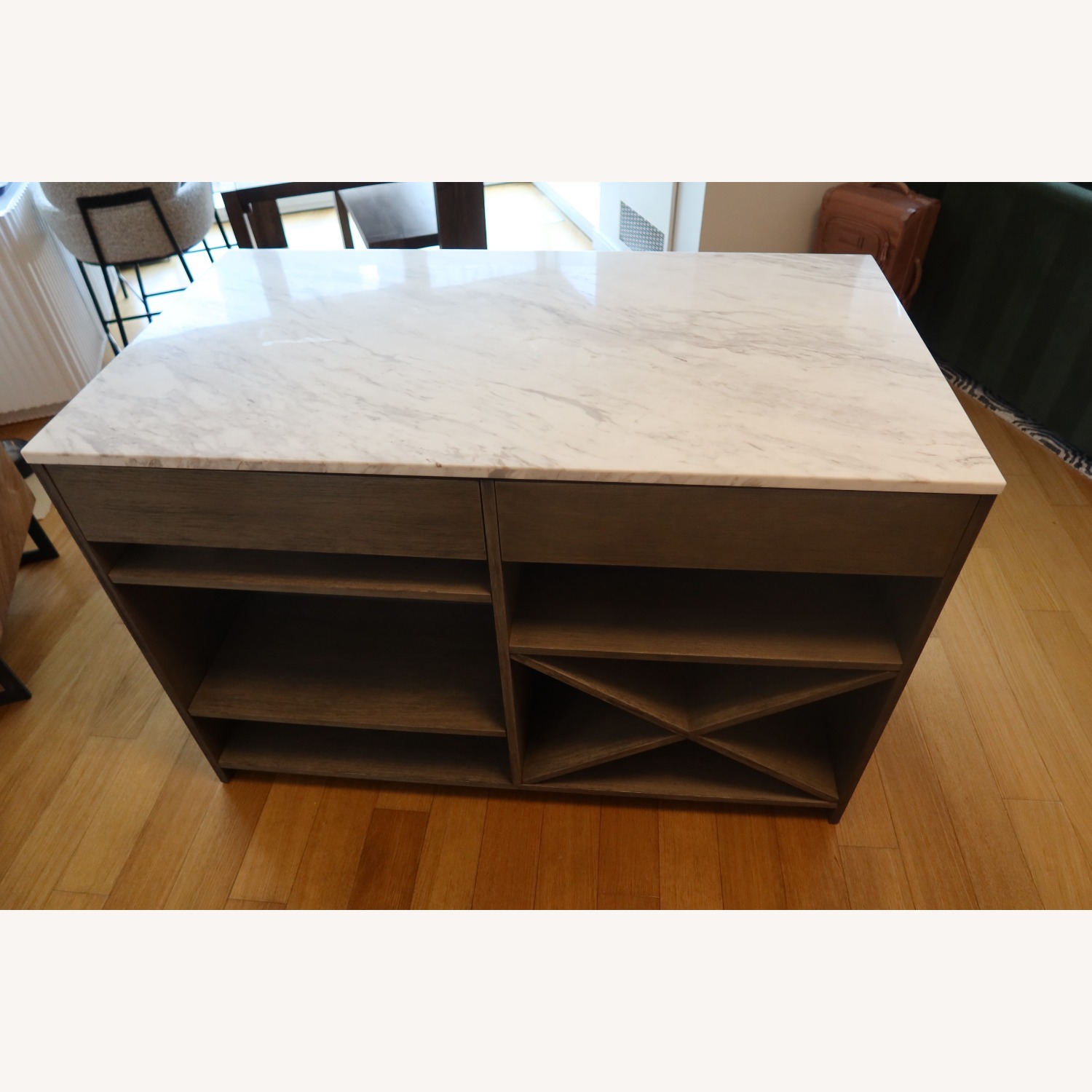 CB2 White Marble Top Island Grey Wood Kitchen Island - image-5