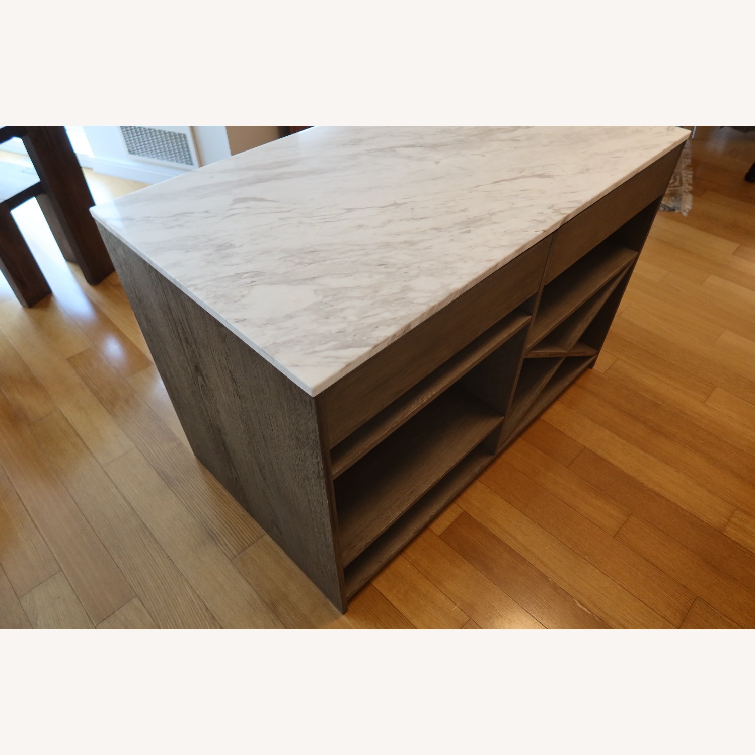 CB2 White Marble Top Island Grey Wood Kitchen Island - image-3