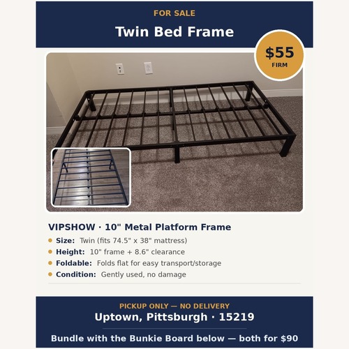 Used VIPSHOW 10 Inch Twin Metal Bed Frame for sale on AptDeco