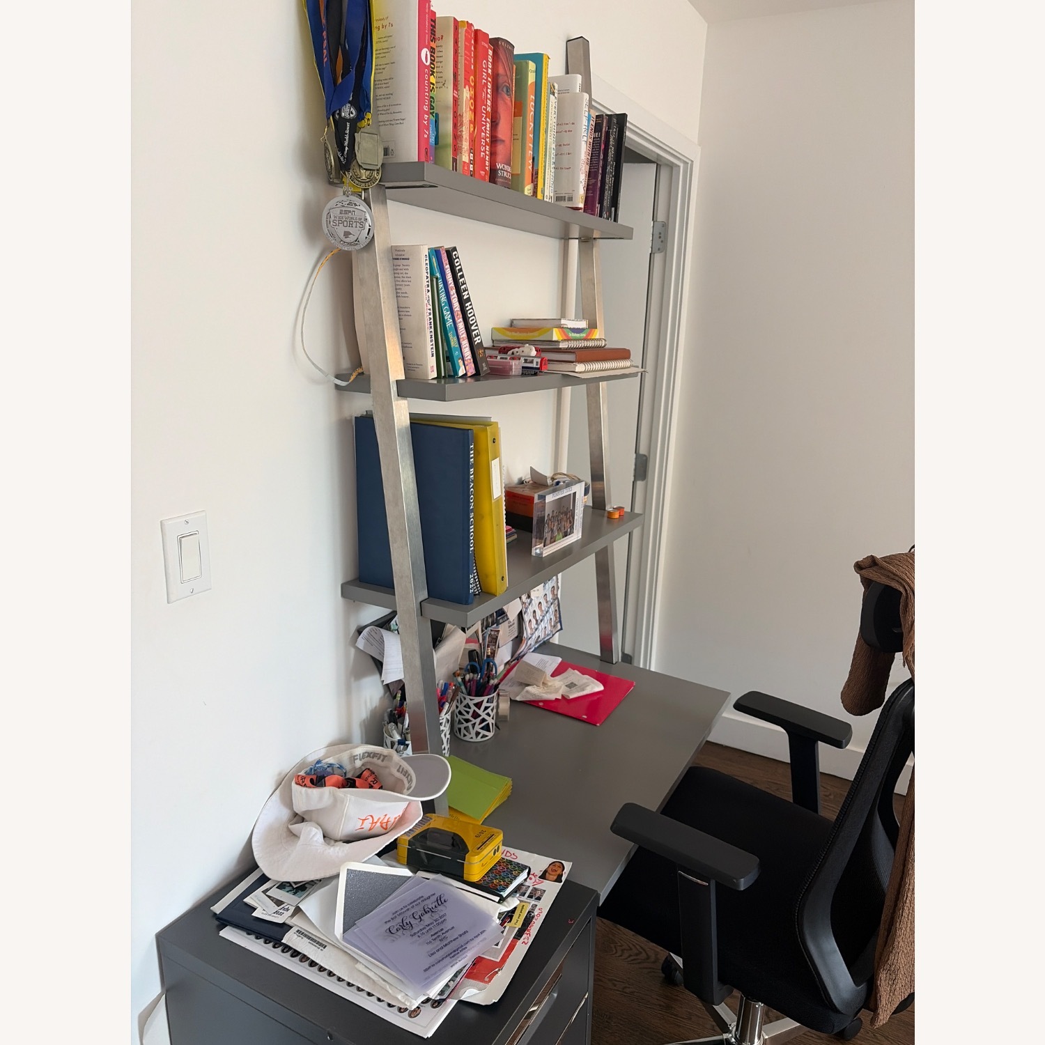 CB2 Helix Dark Gray Wood Bookcase (and desk) - image-2