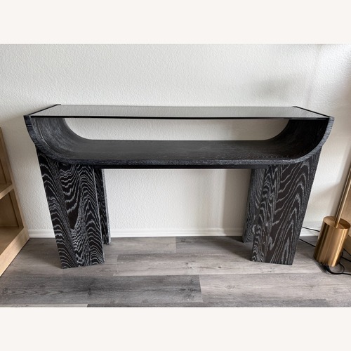 Used Crate & Barrel Dada 54" Rectangular Oak Wood and Tempered Glass Console Table for sale on AptDeco