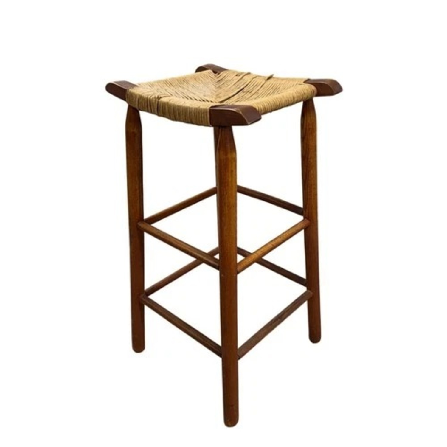 Wooden Rush Seat Bar Stool Rustic Farmhouse - image-2