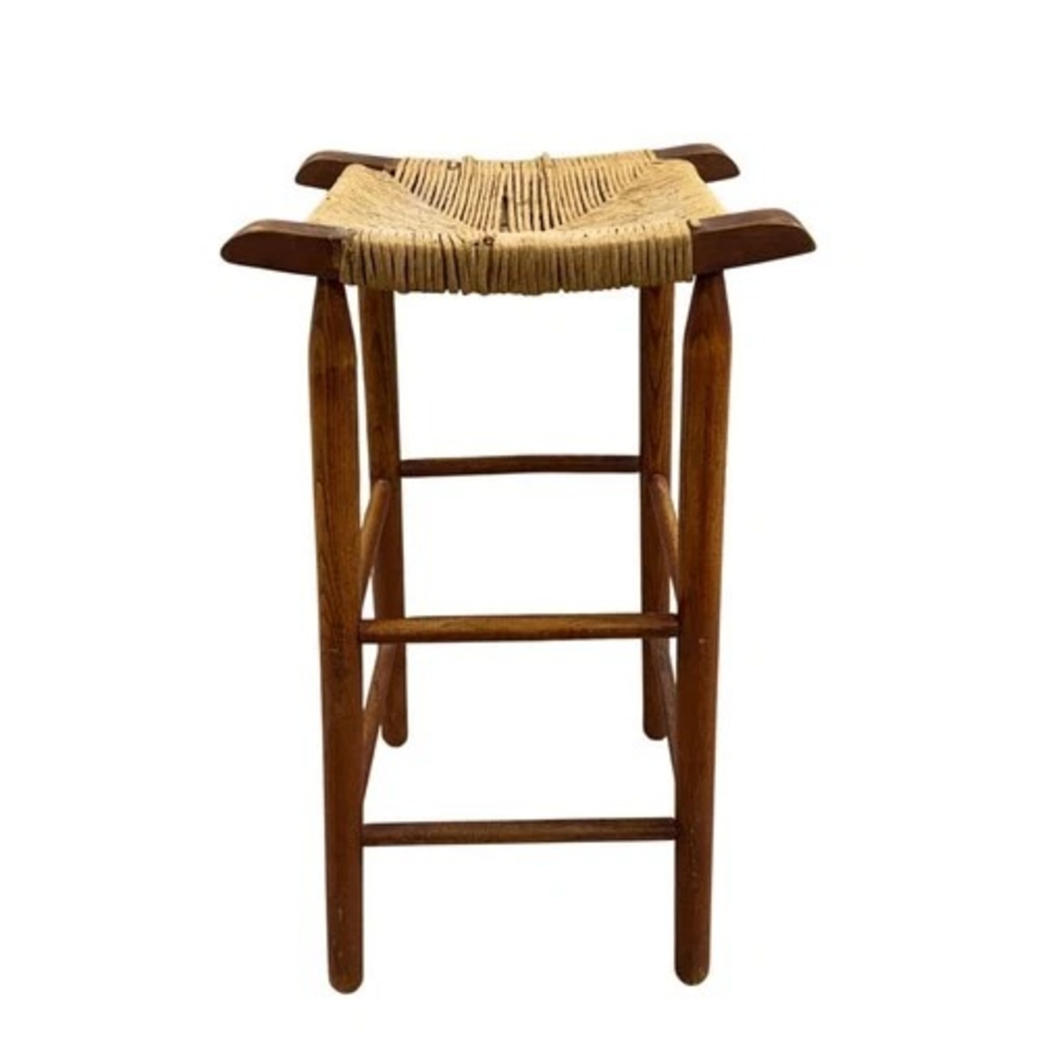 Wooden Rush Seat Bar Stool Rustic Farmhouse - image-1