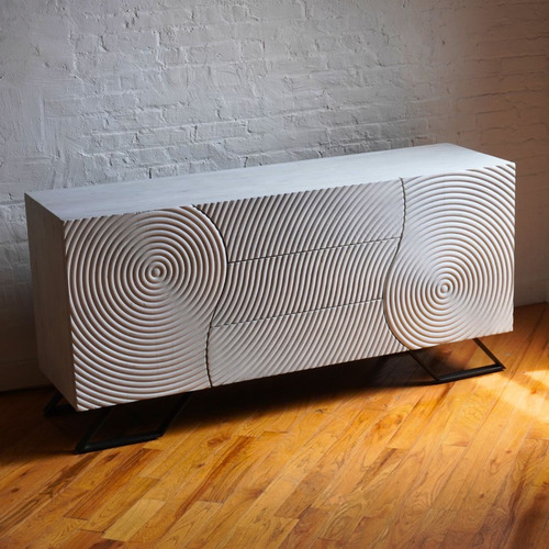 Used White Wooden Credenza with Engraved Front for sale on AptDeco
