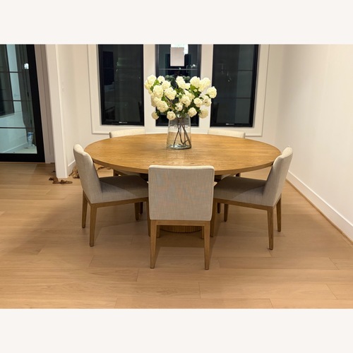 Used Restoration Hardware Mulholland Round Dining Table & Fabric Chairs for sale on AptDeco
