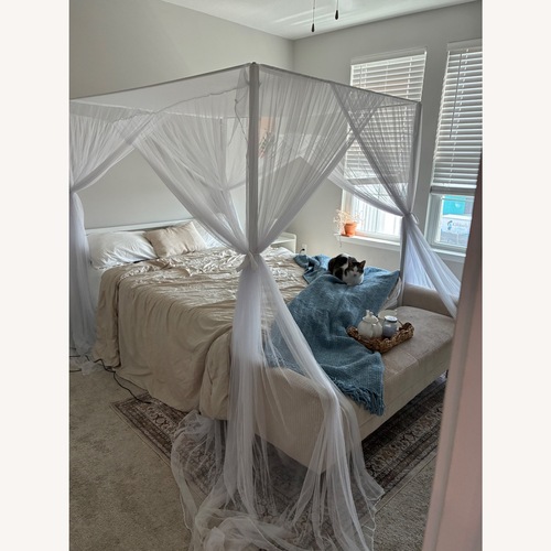 Used Walmart Queen Size Four Posts White Metal Canopy Bed Frame for sale on AptDeco