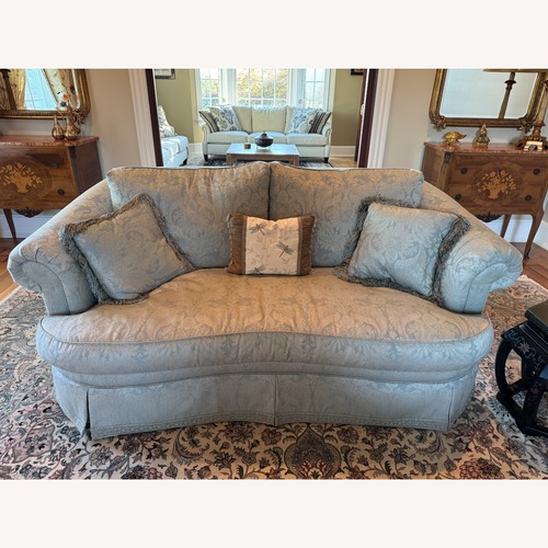 Used Ethan Allen Formal Damask Sofa Pale Blue/Sage for sale on AptDeco