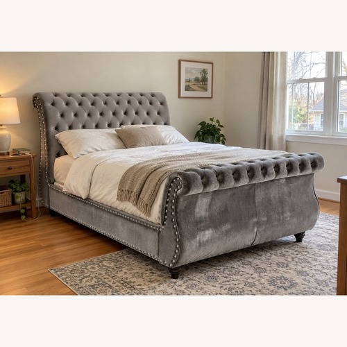 Used Noella Grey Velvet Sleigh Bed - Queen Size for sale on AptDeco