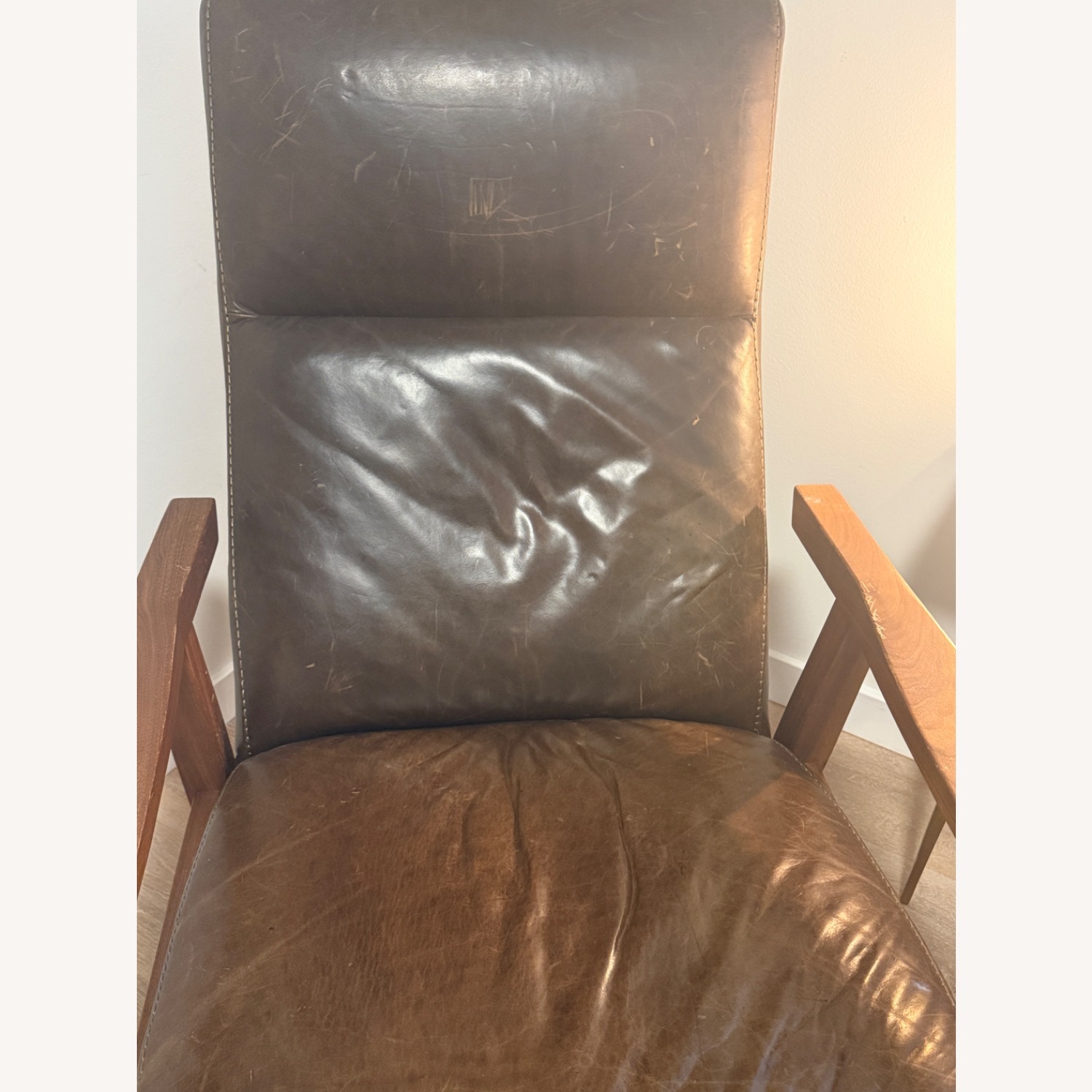 Crate & Barrel Greer Leather Wood Arm Recliner - image-4