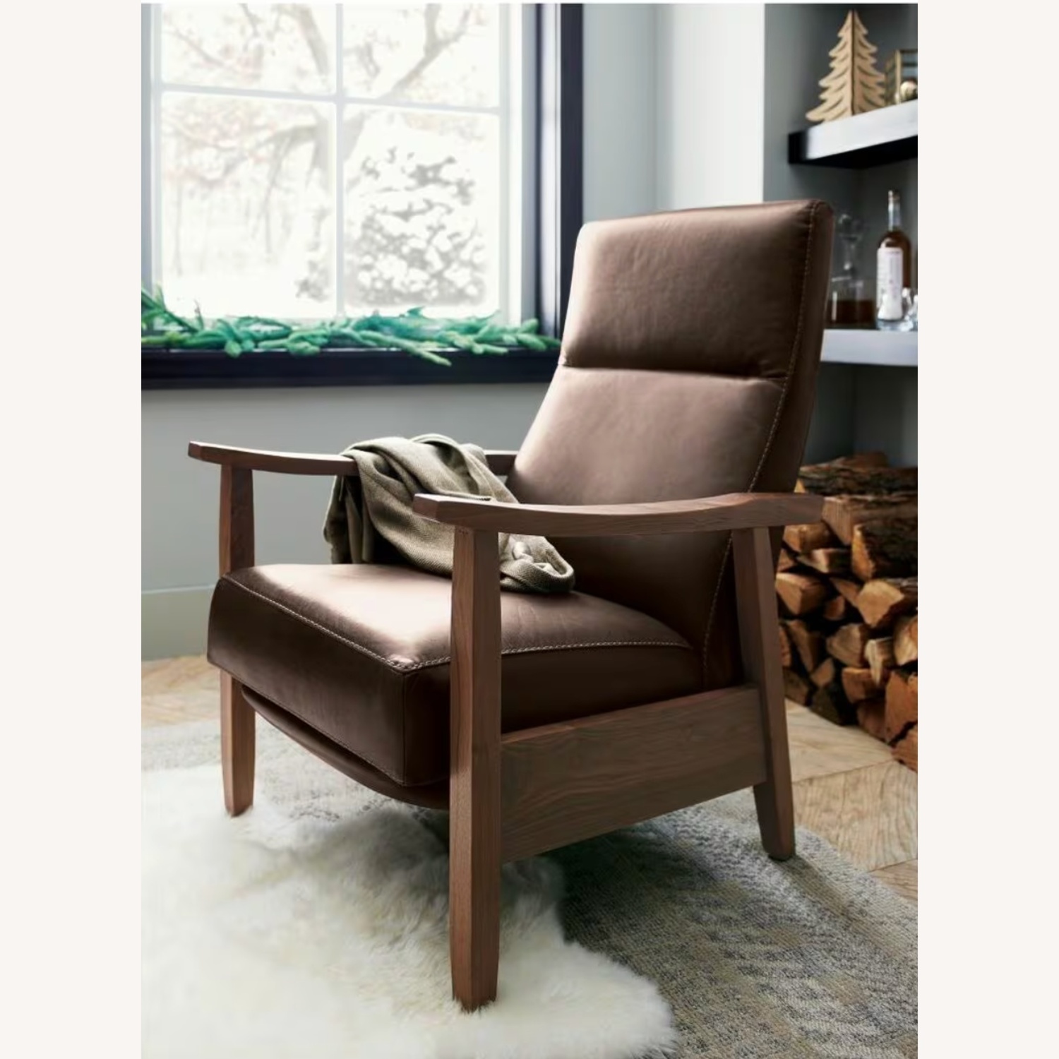 Crate & Barrel Greer Leather Wood Arm Recliner - image-10
