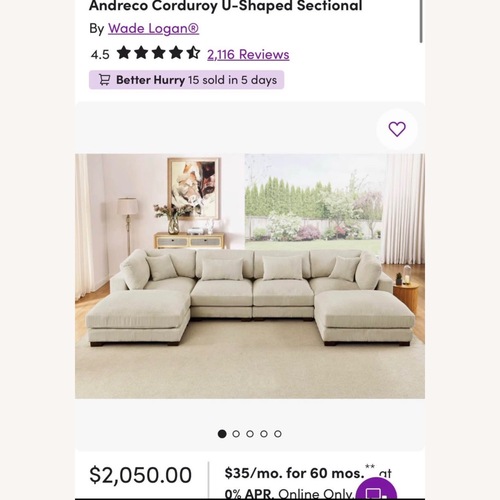 Used Wayfair Cream Corduroy  3+ Piece Sectional for sale on AptDeco