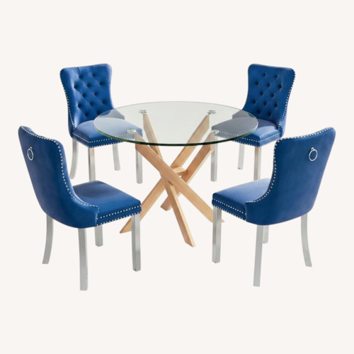 Used Amazon Round Glass Dining Table with Velvet 4 Chair Set for sale on AptDeco